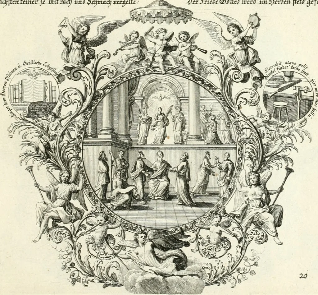 An illustration from Heilige Augen- und Gemüths-Lust : vorstellend, alle sonn- fest- und feyrtägliche nicht nur Evangelien, sondern auch Epistelen und Lectionen, jene historisch : diese auch emblemmatisch, und mit curieusen Einfassungen : in vielen Kupffer-Stücken von frembder und gantz neuer Invention : so wohl zur Kunst-Ubung als Unterhaltung Gottseeliger Betrachtungen, wie auch Vermehrung der Kupffer-Bibelen und Ausszierung aller christlichen Postillen dienlich, 1706, leaf 56
