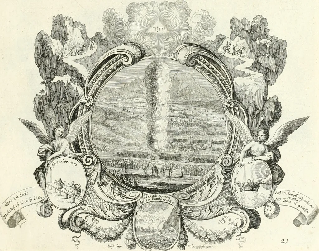 An illustration from Heilige Augen- und Gemüths-Lust : vorstellend, alle sonn- fest- und feyrtägliche nicht nur Evangelien, sondern auch Epistelen und Lectionen, jene historisch : diese auch emblemmatisch, und mit curieusen Einfassungen : in vielen Kupffer-Stücken von frembder und gantz neuer Invention : so wohl zur Kunst-Ubung als Unterhaltung Gottseeliger Betrachtungen, wie auch Vermehrung der Kupffer-Bibelen und Ausszierung aller christlichen Postillen dienlich, 1706, leaf 58