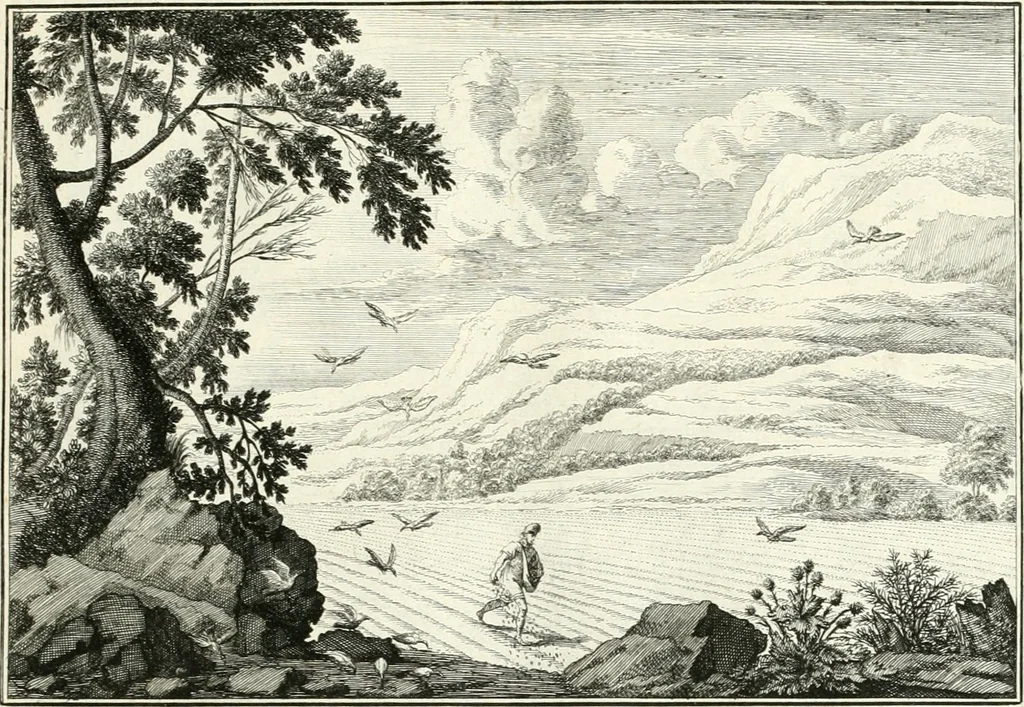 An illustration from Heilige Augen- und Gemüths-Lust : vorstellend, alle sonn- fest- und feyrtägliche nicht nur Evangelien, sondern auch Epistelen und Lectionen, jene historisch : diese auch emblemmatisch, und mit curieusen Einfassungen : in vielen Kupffer-Stücken von frembder und gantz neuer Invention : so wohl zur Kunst-Ubung als Unterhaltung Gottseeliger Betrachtungen, wie auch Vermehrung der Kupffer-Bibelen und Ausszierung aller christlichen Postillen dienlich, 1706, leaf 60