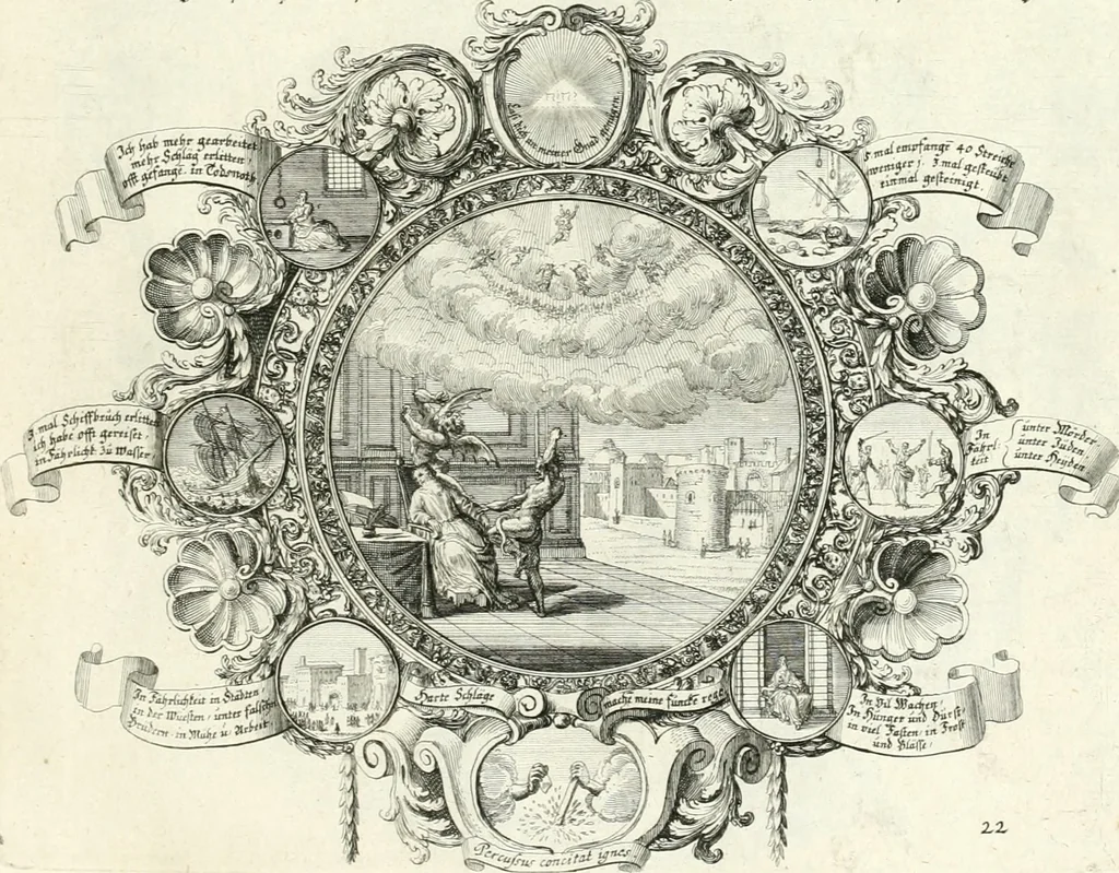 An illustration from Heilige Augen- und Gemüths-Lust : vorstellend, alle sonn- fest- und feyrtägliche nicht nur Evangelien, sondern auch Epistelen und Lectionen, jene historisch : diese auch emblemmatisch, und mit curieusen Einfassungen : in vielen Kupffer-Stücken von frembder und gantz neuer Invention : so wohl zur Kunst-Ubung als Unterhaltung Gottseeliger Betrachtungen, wie auch Vermehrung der Kupffer-Bibelen und Ausszierung aller christlichen Postillen dienlich, 1706, leaf 60