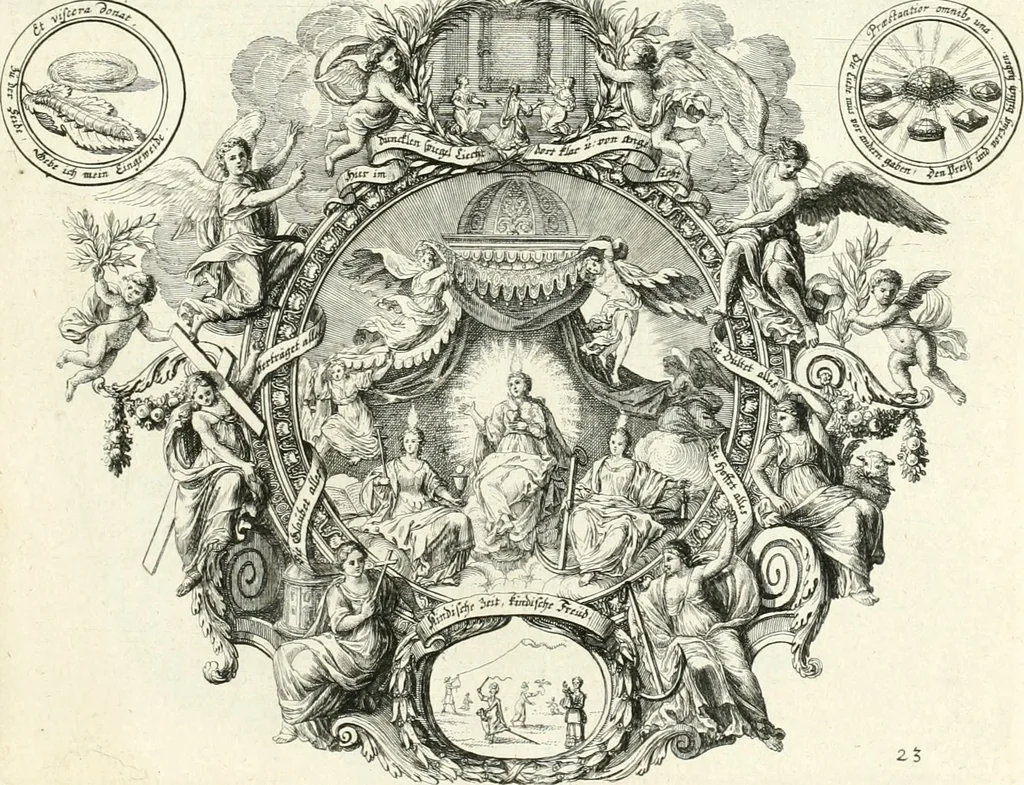 An illustration from Heilige Augen- und Gemüths-Lust : vorstellend, alle sonn- fest- und feyrtägliche nicht nur Evangelien, sondern auch Epistelen und Lectionen, jene historisch : diese auch emblemmatisch, und mit curieusen Einfassungen : in vielen Kupffer-Stücken von frembder und gantz neuer Invention : so wohl zur Kunst-Ubung als Unterhaltung Gottseeliger Betrachtungen, wie auch Vermehrung der Kupffer-Bibelen und Ausszierung aller christlichen Postillen dienlich, 1706, leaf 62
