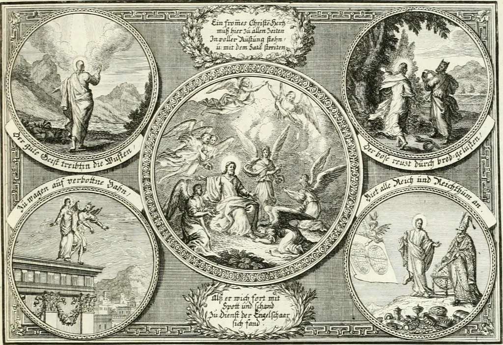 An illustration from Heilige Augen- und Gemüths-Lust : vorstellend, alle sonn- fest- und feyrtägliche nicht nur Evangelien, sondern auch Epistelen und Lectionen, jene historisch : diese auch emblemmatisch, und mit curieusen Einfassungen : in vielen Kupffer-Stücken von frembder und gantz neuer Invention : so wohl zur Kunst-Ubung als Unterhaltung Gottseeliger Betrachtungen, wie auch Vermehrung der Kupffer-Bibelen und Ausszierung aller christlichen Postillen dienlich, 1706, leaf 64