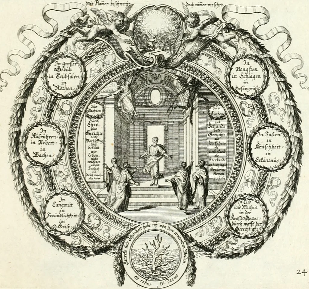 An illustration from Heilige Augen- und Gemüths-Lust : vorstellend, alle sonn- fest- und feyrtägliche nicht nur Evangelien, sondern auch Epistelen und Lectionen, jene historisch : diese auch emblemmatisch, und mit curieusen Einfassungen : in vielen Kupffer-Stücken von frembder und gantz neuer Invention : so wohl zur Kunst-Ubung als Unterhaltung Gottseeliger Betrachtungen, wie auch Vermehrung der Kupffer-Bibelen und Ausszierung aller christlichen Postillen dienlich, 1706, leaf 64