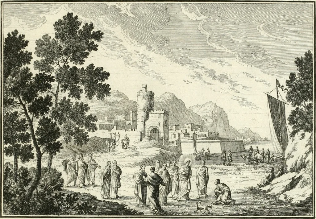 An illustration from Heilige Augen- und Gemüths-Lust : vorstellend, alle sonn- fest- und feyrtägliche nicht nur Evangelien, sondern auch Epistelen und Lectionen, jene historisch : diese auch emblemmatisch, und mit curieusen Einfassungen : in vielen Kupffer-Stücken von frembder und gantz neuer Invention : so wohl zur Kunst-Ubung als Unterhaltung Gottseeliger Betrachtungen, wie auch Vermehrung der Kupffer-Bibelen und Ausszierung aller christlichen Postillen dienlich, 1706, leaf 66