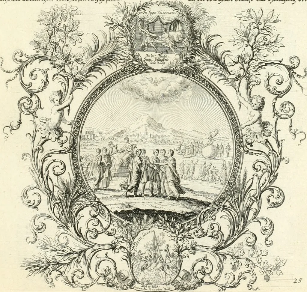 An illustration from Heilige Augen- und Gemüths-Lust : vorstellend, alle sonn- fest- und feyrtägliche nicht nur Evangelien, sondern auch Epistelen und Lectionen, jene historisch : diese auch emblemmatisch, und mit curieusen Einfassungen : in vielen Kupffer-Stücken von frembder und gantz neuer Invention : so wohl zur Kunst-Ubung als Unterhaltung Gottseeliger Betrachtungen, wie auch Vermehrung der Kupffer-Bibelen und Ausszierung aller christlichen Postillen dienlich, 1706, leaf 66