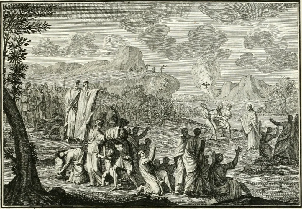 An illustration from Heilige Augen- und Gemüths-Lust : vorstellend, alle sonn- fest- und feyrtägliche nicht nur Evangelien, sondern auch Epistelen und Lectionen, jene historisch : diese auch emblemmatisch, und mit curieusen Einfassungen : in vielen Kupffer-Stücken von frembder und gantz neuer Invention : so wohl zur Kunst-Ubung als Unterhaltung Gottseeliger Betrachtungen, wie auch Vermehrung der Kupffer-Bibelen und Ausszierung aller christlichen Postillen dienlich, 1706, leaf 68