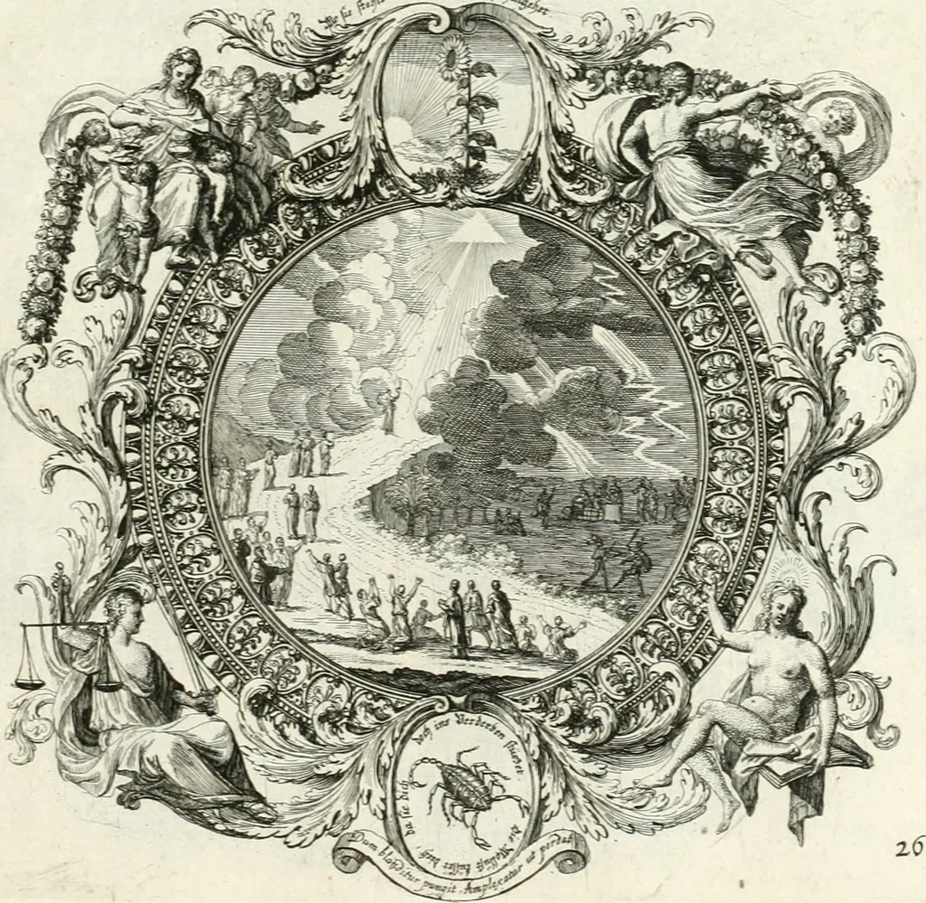An illustration from Heilige Augen- und Gemüths-Lust : vorstellend, alle sonn- fest- und feyrtägliche nicht nur Evangelien, sondern auch Epistelen und Lectionen, jene historisch : diese auch emblemmatisch, und mit curieusen Einfassungen : in vielen Kupffer-Stücken von frembder und gantz neuer Invention : so wohl zur Kunst-Ubung als Unterhaltung Gottseeliger Betrachtungen, wie auch Vermehrung der Kupffer-Bibelen und Ausszierung aller christlichen Postillen dienlich, 1706, leaf 68