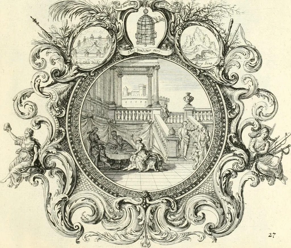 An illustration from Heilige Augen- und Gemüths-Lust : vorstellend, alle sonn- fest- und feyrtägliche nicht nur Evangelien, sondern auch Epistelen und Lectionen, jene historisch : diese auch emblemmatisch, und mit curieusen Einfassungen : in vielen Kupffer-Stücken von frembder und gantz neuer Invention : so wohl zur Kunst-Ubung als Unterhaltung Gottseeliger Betrachtungen, wie auch Vermehrung der Kupffer-Bibelen und Ausszierung aller christlichen Postillen dienlich, 1706, leaf 70