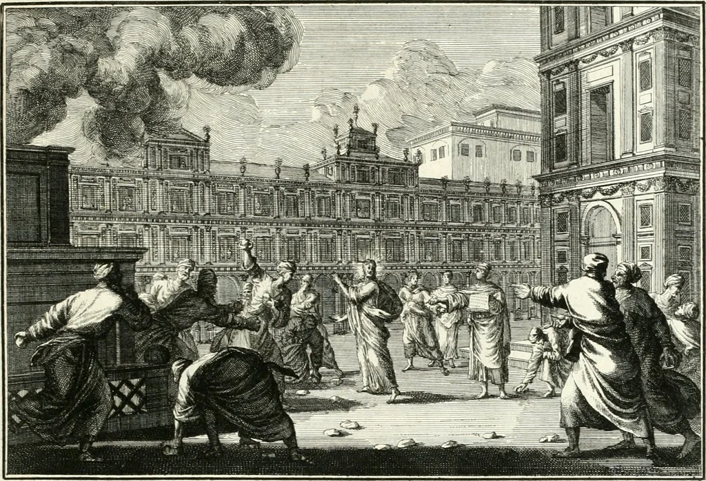 An illustration from Heilige Augen- und Gemüths-Lust : vorstellend, alle sonn- fest- und feyrtägliche nicht nur Evangelien, sondern auch Epistelen und Lectionen, jene historisch : diese auch emblemmatisch, und mit curieusen Einfassungen : in vielen Kupffer-Stücken von frembder und gantz neuer Invention : so wohl zur Kunst-Ubung als Unterhaltung Gottseeliger Betrachtungen, wie auch Vermehrung der Kupffer-Bibelen und Ausszierung aller christlichen Postillen dienlich, 1706, leaf 72