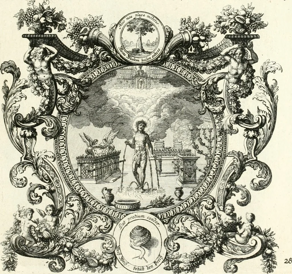 An illustration from Heilige Augen- und Gemüths-Lust : vorstellend, alle sonn- fest- und feyrtägliche nicht nur Evangelien, sondern auch Epistelen und Lectionen, jene historisch : diese auch emblemmatisch, und mit curieusen Einfassungen : in vielen Kupffer-Stücken von frembder und gantz neuer Invention : so wohl zur Kunst-Ubung als Unterhaltung Gottseeliger Betrachtungen, wie auch Vermehrung der Kupffer-Bibelen und Ausszierung aller christlichen Postillen dienlich, 1706, leaf 72