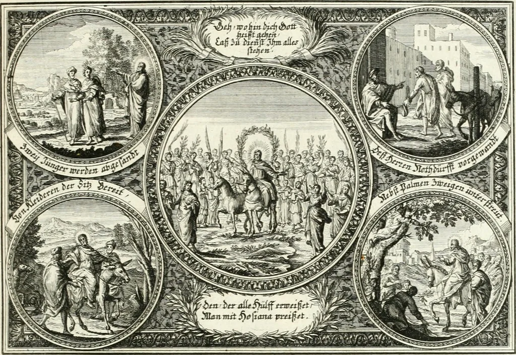 An illustration from Heilige Augen- und Gemüths-Lust : vorstellend, alle sonn- fest- und feyrtägliche nicht nur Evangelien, sondern auch Epistelen und Lectionen, jene historisch : diese auch emblemmatisch, und mit curieusen Einfassungen : in vielen Kupffer-Stücken von frembder und gantz neuer Invention : so wohl zur Kunst-Ubung als Unterhaltung Gottseeliger Betrachtungen, wie auch Vermehrung der Kupffer-Bibelen und Ausszierung aller christlichen Postillen dienlich, 1706, leaf 74