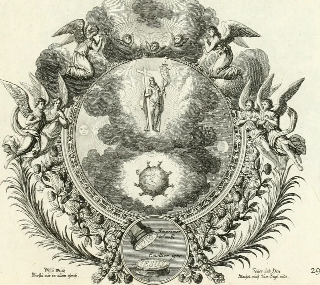 An illustration from Heilige Augen- und Gemüths-Lust : vorstellend, alle sonn- fest- und feyrtägliche nicht nur Evangelien, sondern auch Epistelen und Lectionen, jene historisch : diese auch emblemmatisch, und mit curieusen Einfassungen : in vielen Kupffer-Stücken von frembder und gantz neuer Invention : so wohl zur Kunst-Ubung als Unterhaltung Gottseeliger Betrachtungen, wie auch Vermehrung der Kupffer-Bibelen und Ausszierung aller christlichen Postillen dienlich, 1706, leaf 74
