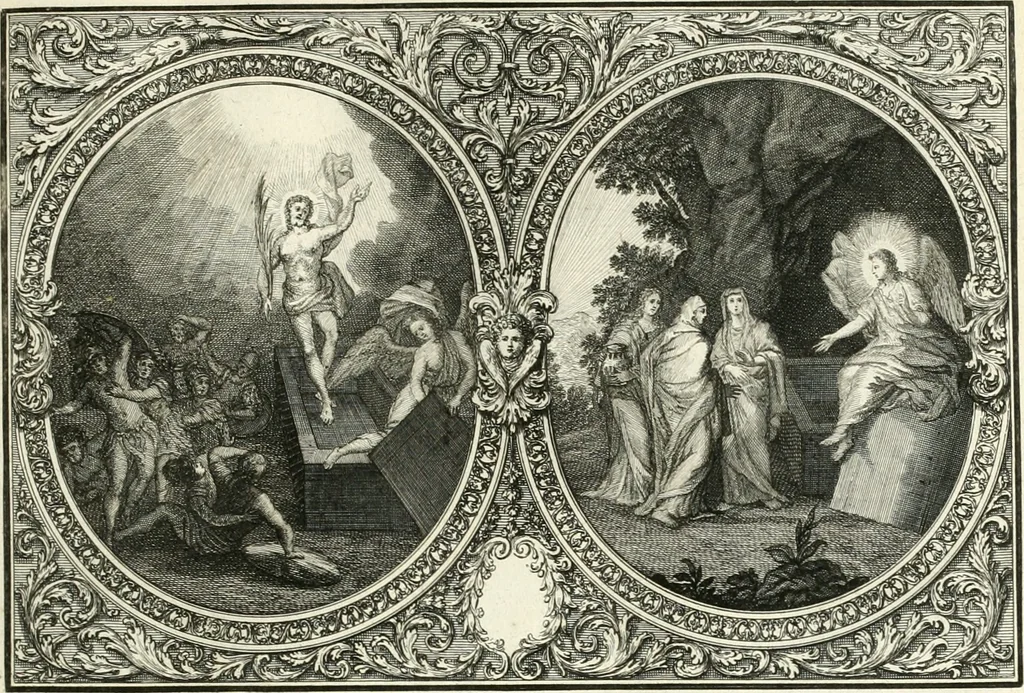 An illustration from Heilige Augen- und Gemüths-Lust : vorstellend, alle sonn- fest- und feyrtägliche nicht nur Evangelien, sondern auch Epistelen und Lectionen, jene historisch : diese auch emblemmatisch, und mit curieusen Einfassungen : in vielen Kupffer-Stücken von frembder und gantz neuer Invention : so wohl zur Kunst-Ubung als Unterhaltung Gottseeliger Betrachtungen, wie auch Vermehrung der Kupffer-Bibelen und Ausszierung aller christlichen Postillen dienlich, 1706, leaf 76