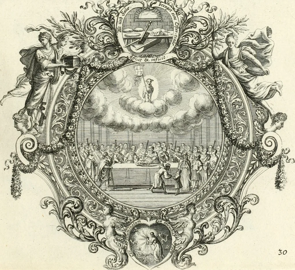 An illustration from Heilige Augen- und Gemüths-Lust : vorstellend, alle sonn- fest- und feyrtägliche nicht nur Evangelien, sondern auch Epistelen und Lectionen, jene historisch : diese auch emblemmatisch, und mit curieusen Einfassungen : in vielen Kupffer-Stücken von frembder und gantz neuer Invention : so wohl zur Kunst-Ubung als Unterhaltung Gottseeliger Betrachtungen, wie auch Vermehrung der Kupffer-Bibelen und Ausszierung aller christlichen Postillen dienlich, 1706, leaf 76