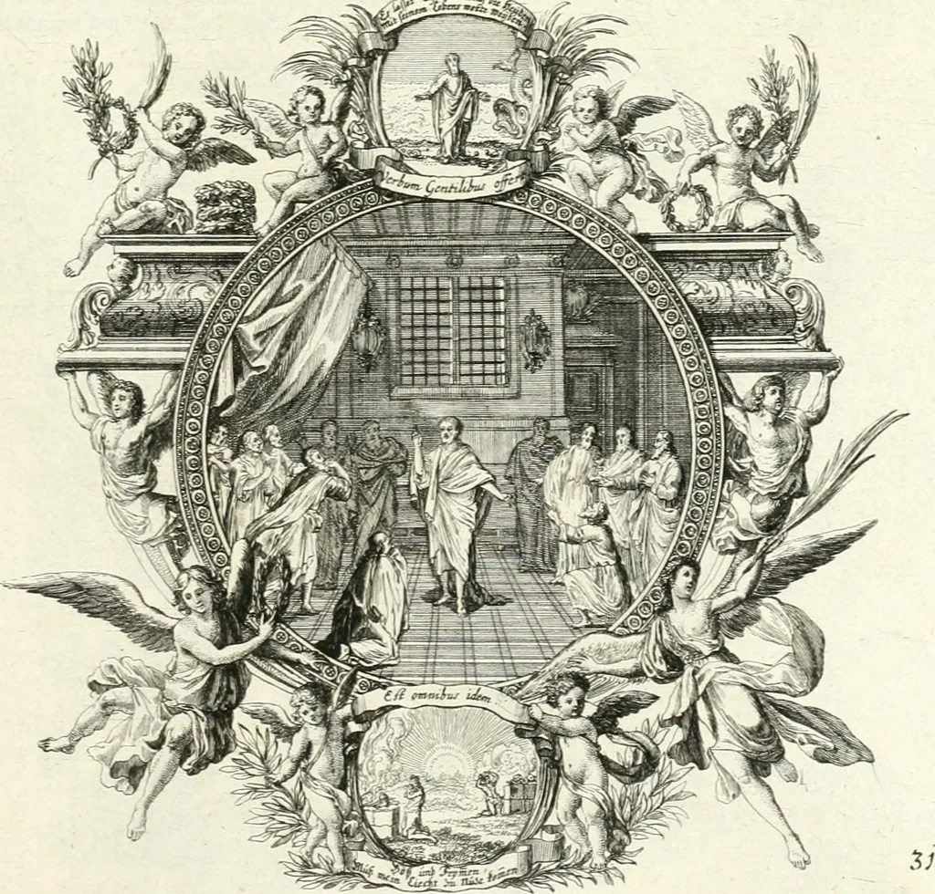 An illustration from Heilige Augen- und Gemüths-Lust : vorstellend, alle sonn- fest- und feyrtägliche nicht nur Evangelien, sondern auch Epistelen und Lectionen, jene historisch : diese auch emblemmatisch, und mit curieusen Einfassungen : in vielen Kupffer-Stücken von frembder und gantz neuer Invention : so wohl zur Kunst-Ubung als Unterhaltung Gottseeliger Betrachtungen, wie auch Vermehrung der Kupffer-Bibelen und Ausszierung aller christlichen Postillen dienlich, 1706, leaf 78