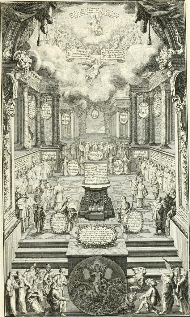 An illustration from Heilige Augen- und Gemüths-Lust : vorstellend, alle sonn- fest- und feyrtägliche nicht nur Evangelien, sondern auch Epistelen und Lectionen, jene historisch : diese auch emblemmatisch, und mit curieusen Einfassungen : in vielen Kupffer-Stücken von frembder und gantz neuer Invention : so wohl zur Kunst-Ubung als Unterhaltung Gottseeliger Betrachtungen, wie auch Vermehrung der Kupffer-Bibelen und Ausszierung aller christlichen Postillen dienlich, 1706, leaf 8