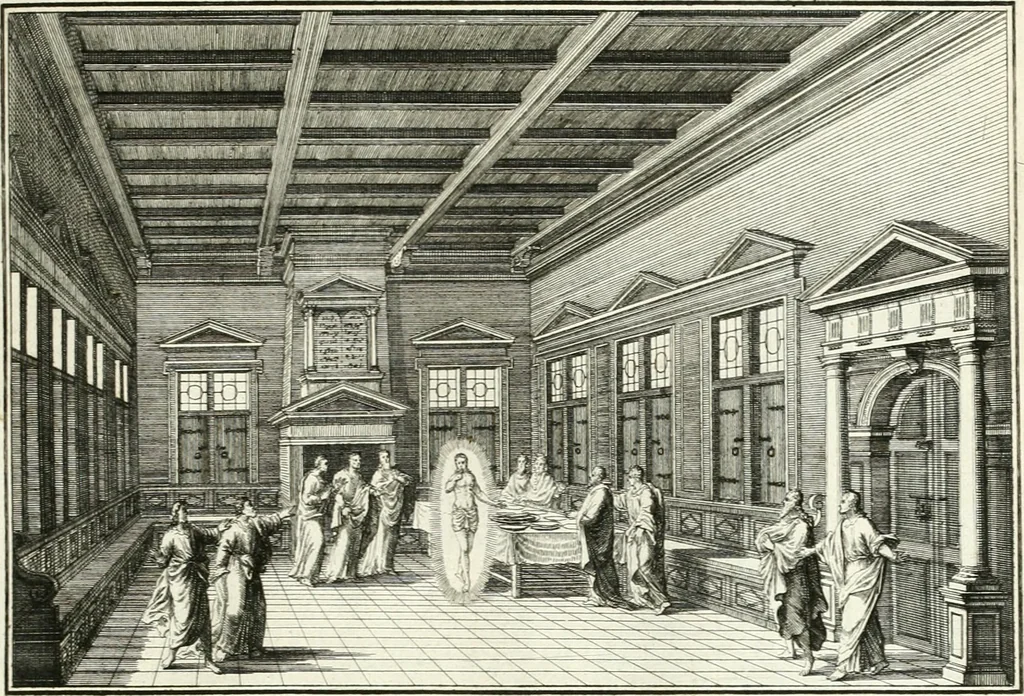 An illustration from Heilige Augen- und Gemüths-Lust : vorstellend, alle sonn- fest- und feyrtägliche nicht nur Evangelien, sondern auch Epistelen und Lectionen, jene historisch : diese auch emblemmatisch, und mit curieusen Einfassungen : in vielen Kupffer-Stücken von frembder und gantz neuer Invention : so wohl zur Kunst-Ubung als Unterhaltung Gottseeliger Betrachtungen, wie auch Vermehrung der Kupffer-Bibelen und Ausszierung aller christlichen Postillen dienlich, 1706, leaf 80