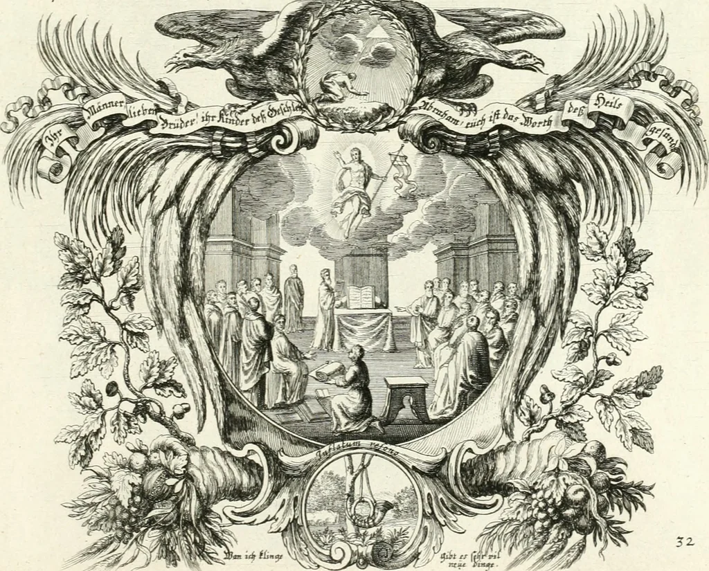 An illustration from Heilige Augen- und Gemüths-Lust : vorstellend, alle sonn- fest- und feyrtägliche nicht nur Evangelien, sondern auch Epistelen und Lectionen, jene historisch : diese auch emblemmatisch, und mit curieusen Einfassungen : in vielen Kupffer-Stücken von frembder und gantz neuer Invention : so wohl zur Kunst-Ubung als Unterhaltung Gottseeliger Betrachtungen, wie auch Vermehrung der Kupffer-Bibelen und Ausszierung aller christlichen Postillen dienlich, 1706, leaf 80