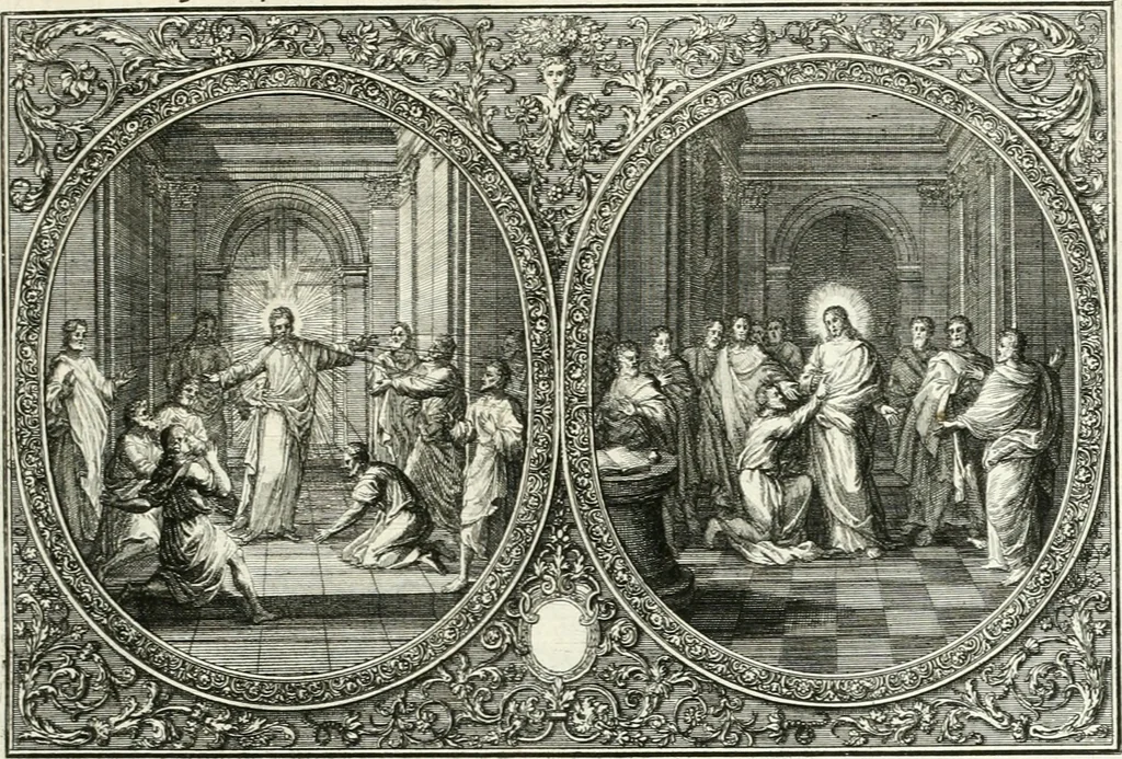 An illustration from Heilige Augen- und Gemüths-Lust : vorstellend, alle sonn- fest- und feyrtägliche nicht nur Evangelien, sondern auch Epistelen und Lectionen, jene historisch : diese auch emblemmatisch, und mit curieusen Einfassungen : in vielen Kupffer-Stücken von frembder und gantz neuer Invention : so wohl zur Kunst-Ubung als Unterhaltung Gottseeliger Betrachtungen, wie auch Vermehrung der Kupffer-Bibelen und Ausszierung aller christlichen Postillen dienlich, 1706, leaf 82