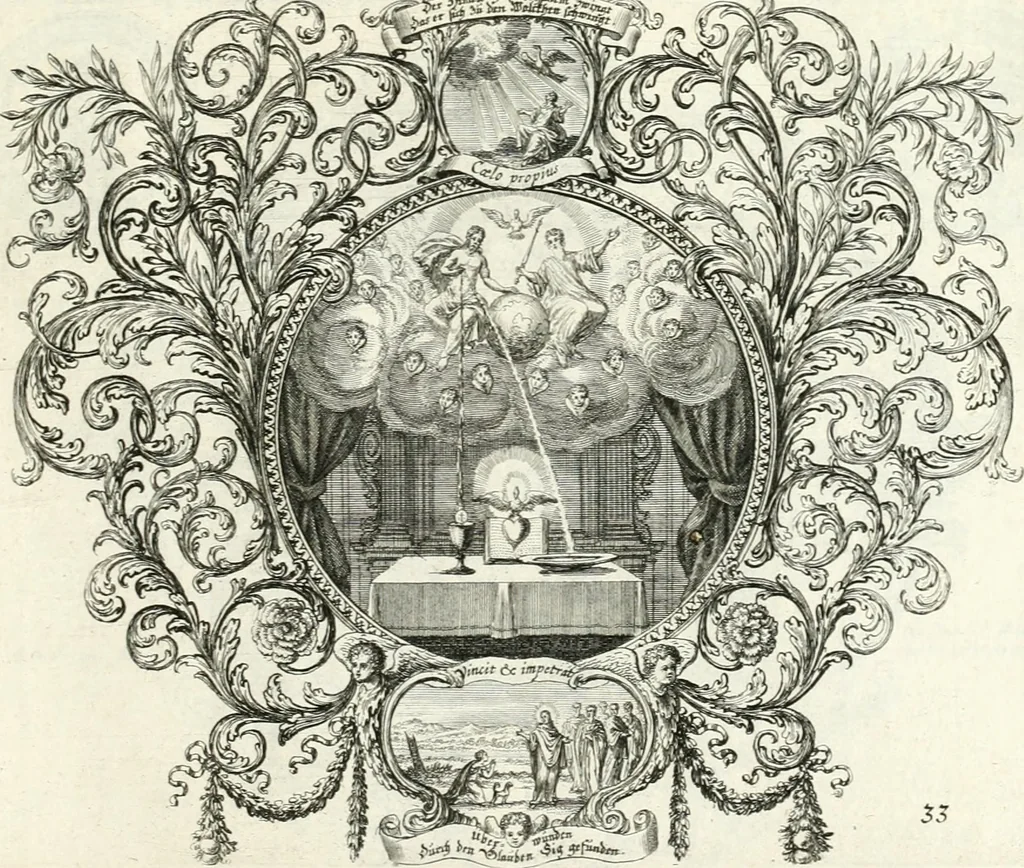 An illustration from Heilige Augen- und Gemüths-Lust : vorstellend, alle sonn- fest- und feyrtägliche nicht nur Evangelien, sondern auch Epistelen und Lectionen, jene historisch : diese auch emblemmatisch, und mit curieusen Einfassungen : in vielen Kupffer-Stücken von frembder und gantz neuer Invention : so wohl zur Kunst-Ubung als Unterhaltung Gottseeliger Betrachtungen, wie auch Vermehrung der Kupffer-Bibelen und Ausszierung aller christlichen Postillen dienlich, 1706, leaf 82
