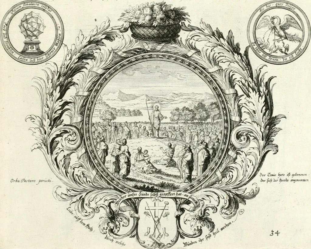 An illustration from Heilige Augen- und Gemüths-Lust : vorstellend, alle sonn- fest- und feyrtägliche nicht nur Evangelien, sondern auch Epistelen und Lectionen, jene historisch : diese auch emblemmatisch, und mit curieusen Einfassungen : in vielen Kupffer-Stücken von frembder und gantz neuer Invention : so wohl zur Kunst-Ubung als Unterhaltung Gottseeliger Betrachtungen, wie auch Vermehrung der Kupffer-Bibelen und Ausszierung aller christlichen Postillen dienlich, 1706, leaf 84