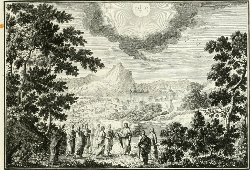 An illustration from Heilige Augen- und Gemüths-Lust : vorstellend, alle sonn- fest- und feyrtägliche nicht nur Evangelien, sondern auch Epistelen und Lectionen, jene historisch : diese auch emblemmatisch, und mit curieusen Einfassungen : in vielen Kupffer-Stücken von frembder und gantz neuer Invention : so wohl zur Kunst-Ubung als Unterhaltung Gottseeliger Betrachtungen, wie auch Vermehrung der Kupffer-Bibelen und Ausszierung aller christlichen Postillen dienlich, 1706, leaf 86