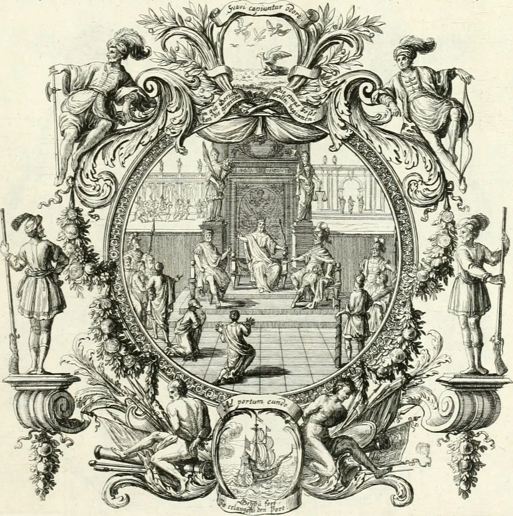 An illustration from Heilige Augen- und Gemüths-Lust : vorstellend, alle sonn- fest- und feyrtägliche nicht nur Evangelien, sondern auch Epistelen und Lectionen, jene historisch : diese auch emblemmatisch, und mit curieusen Einfassungen : in vielen Kupffer-Stücken von frembder und gantz neuer Invention : so wohl zur Kunst-Ubung als Unterhaltung Gottseeliger Betrachtungen, wie auch Vermehrung der Kupffer-Bibelen und Ausszierung aller christlichen Postillen dienlich, 1706, leaf 86