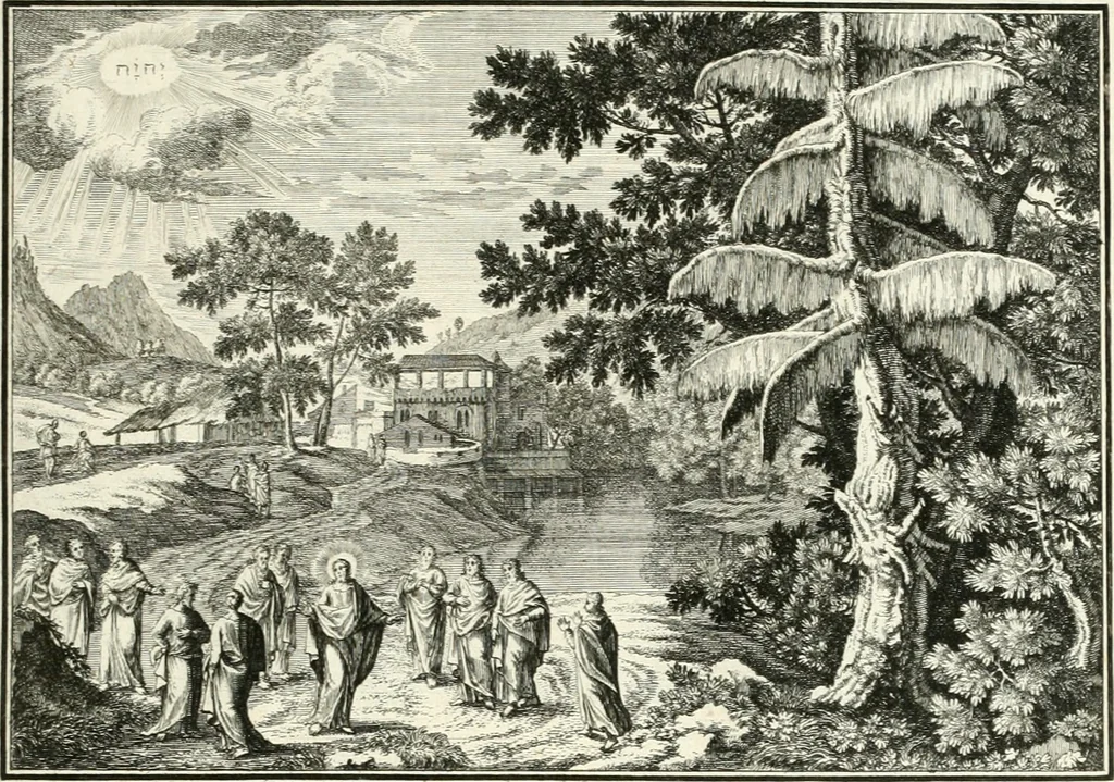 An illustration from Heilige Augen- und Gemüths-Lust : vorstellend, alle sonn- fest- und feyrtägliche nicht nur Evangelien, sondern auch Epistelen und Lectionen, jene historisch : diese auch emblemmatisch, und mit curieusen Einfassungen : in vielen Kupffer-Stücken von frembder und gantz neuer Invention : so wohl zur Kunst-Ubung als Unterhaltung Gottseeliger Betrachtungen, wie auch Vermehrung der Kupffer-Bibelen und Ausszierung aller christlichen Postillen dienlich, 1706, leaf 88
