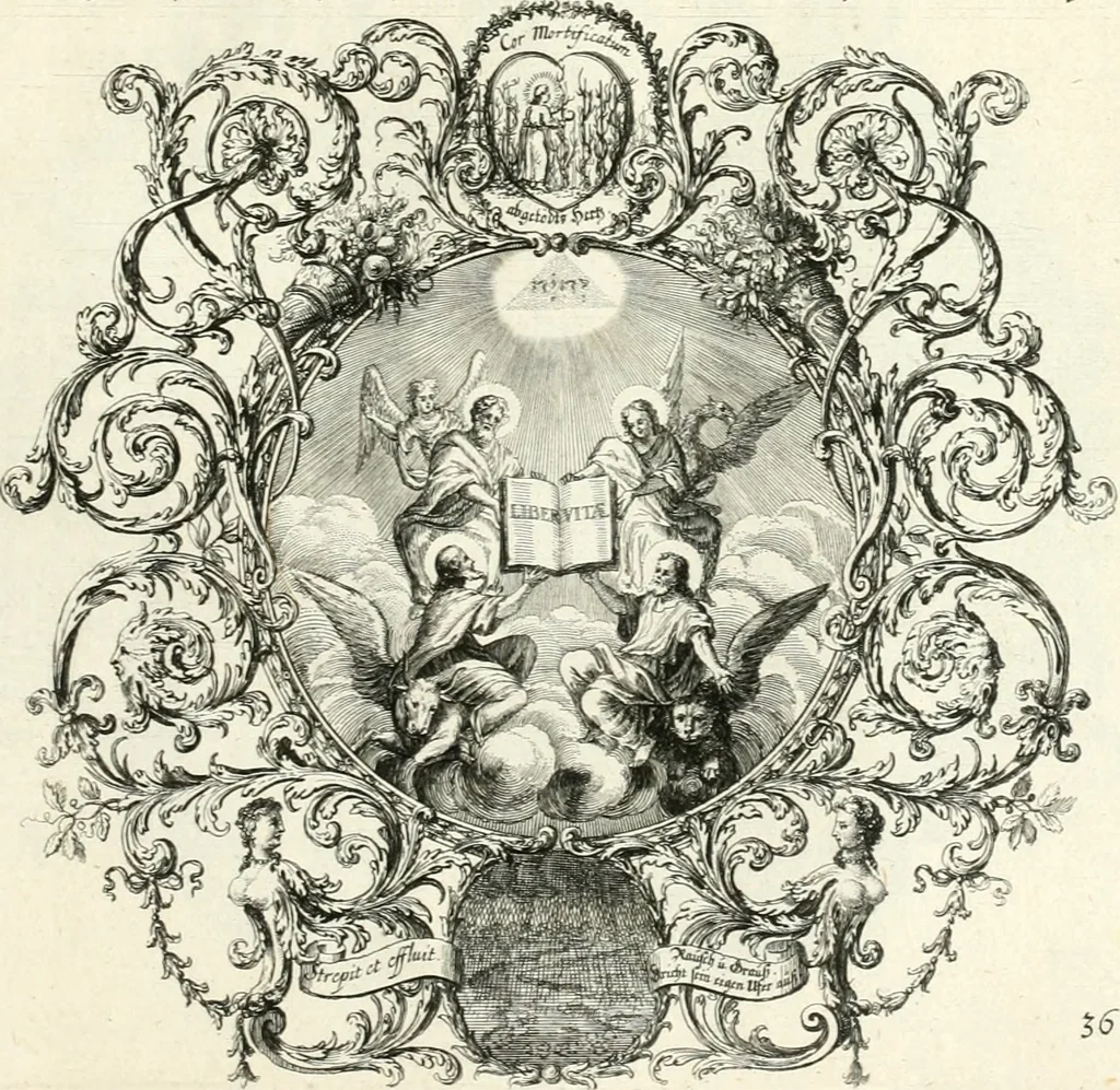 An illustration from Heilige Augen- und Gemüths-Lust : vorstellend, alle sonn- fest- und feyrtägliche nicht nur Evangelien, sondern auch Epistelen und Lectionen, jene historisch : diese auch emblemmatisch, und mit curieusen Einfassungen : in vielen Kupffer-Stücken von frembder und gantz neuer Invention : so wohl zur Kunst-Ubung als Unterhaltung Gottseeliger Betrachtungen, wie auch Vermehrung der Kupffer-Bibelen und Ausszierung aller christlichen Postillen dienlich, 1706, leaf 88