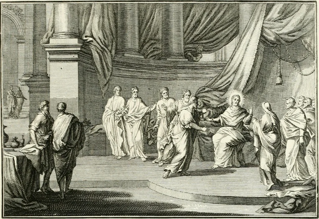 An illustration from Heilige Augen- und Gemüths-Lust : vorstellend, alle sonn- fest- und feyrtägliche nicht nur Evangelien, sondern auch Epistelen und Lectionen, jene historisch : diese auch emblemmatisch, und mit curieusen Einfassungen : in vielen Kupffer-Stücken von frembder und gantz neuer Invention : so wohl zur Kunst-Ubung als Unterhaltung Gottseeliger Betrachtungen, wie auch Vermehrung der Kupffer-Bibelen und Ausszierung aller christlichen Postillen dienlich, 1706, leaf 90