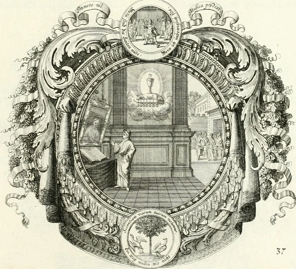 An illustration from Heilige Augen- und Gemüths-Lust : vorstellend, alle sonn- fest- und feyrtägliche nicht nur Evangelien, sondern auch Epistelen und Lectionen, jene historisch : diese auch emblemmatisch, und mit curieusen Einfassungen : in vielen Kupffer-Stücken von frembder und gantz neuer Invention : so wohl zur Kunst-Ubung als Unterhaltung Gottseeliger Betrachtungen, wie auch Vermehrung der Kupffer-Bibelen und Ausszierung aller christlichen Postillen dienlich, 1706, leaf 90