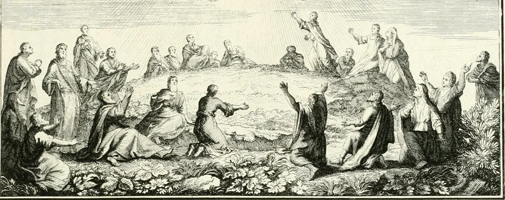 An illustration from Heilige Augen- und Gemüths-Lust : vorstellend, alle sonn- fest- und feyrtägliche nicht nur Evangelien, sondern auch Epistelen und Lectionen, jene historisch : diese auch emblemmatisch, und mit curieusen Einfassungen : in vielen Kupffer-Stücken von frembder und gantz neuer Invention : so wohl zur Kunst-Ubung als Unterhaltung Gottseeliger Betrachtungen, wie auch Vermehrung der Kupffer-Bibelen und Ausszierung aller christlichen Postillen dienlich, 1706, leaf 92