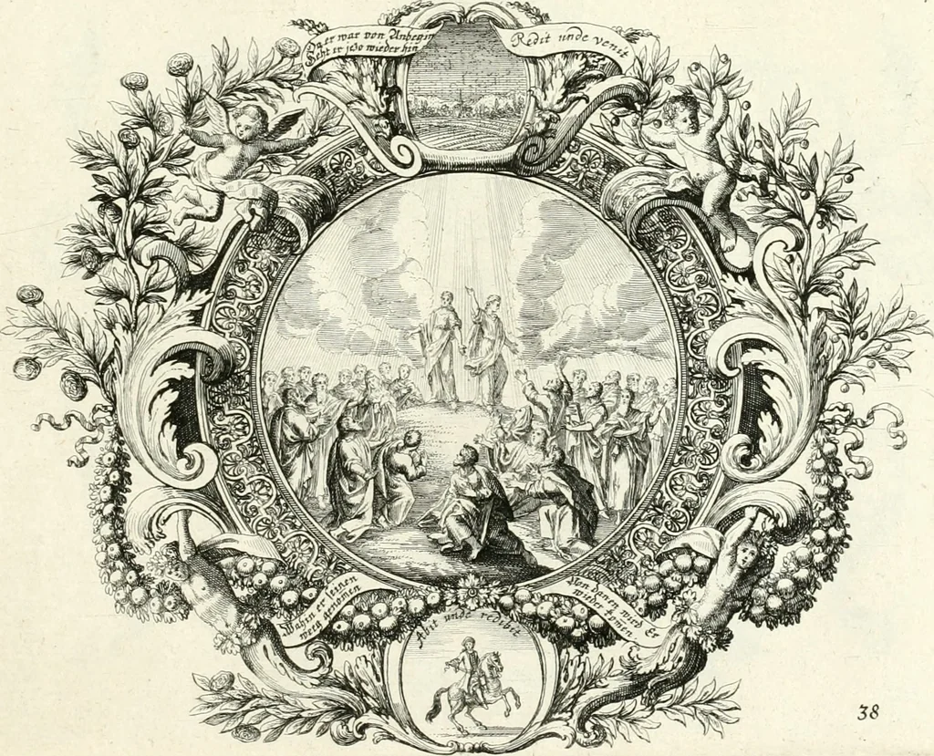 An illustration from Heilige Augen- und Gemüths-Lust : vorstellend, alle sonn- fest- und feyrtägliche nicht nur Evangelien, sondern auch Epistelen und Lectionen, jene historisch : diese auch emblemmatisch, und mit curieusen Einfassungen : in vielen Kupffer-Stücken von frembder und gantz neuer Invention : so wohl zur Kunst-Ubung als Unterhaltung Gottseeliger Betrachtungen, wie auch Vermehrung der Kupffer-Bibelen und Ausszierung aller christlichen Postillen dienlich, 1706, leaf 92