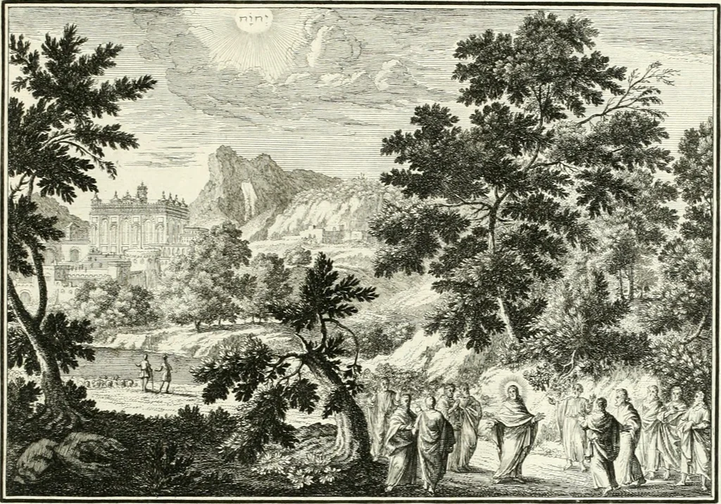 An illustration from Heilige Augen- und Gemüths-Lust : vorstellend, alle sonn- fest- und feyrtägliche nicht nur Evangelien, sondern auch Epistelen und Lectionen, jene historisch : diese auch emblemmatisch, und mit curieusen Einfassungen : in vielen Kupffer-Stücken von frembder und gantz neuer Invention : so wohl zur Kunst-Ubung als Unterhaltung Gottseeliger Betrachtungen, wie auch Vermehrung der Kupffer-Bibelen und Ausszierung aller christlichen Postillen dienlich, 1706, leaf 94