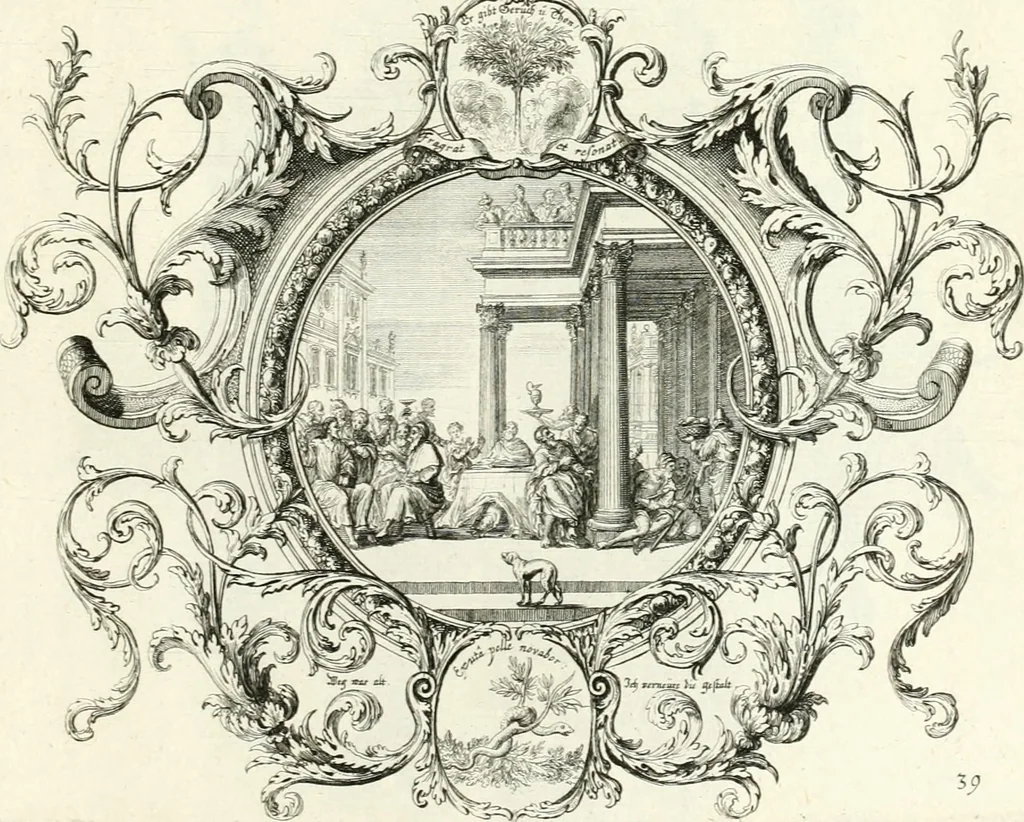 An illustration from Heilige Augen- und Gemüths-Lust : vorstellend, alle sonn- fest- und feyrtägliche nicht nur Evangelien, sondern auch Epistelen und Lectionen, jene historisch : diese auch emblemmatisch, und mit curieusen Einfassungen : in vielen Kupffer-Stücken von frembder und gantz neuer Invention : so wohl zur Kunst-Ubung als Unterhaltung Gottseeliger Betrachtungen, wie auch Vermehrung der Kupffer-Bibelen und Ausszierung aller christlichen Postillen dienlich, 1706, leaf 94