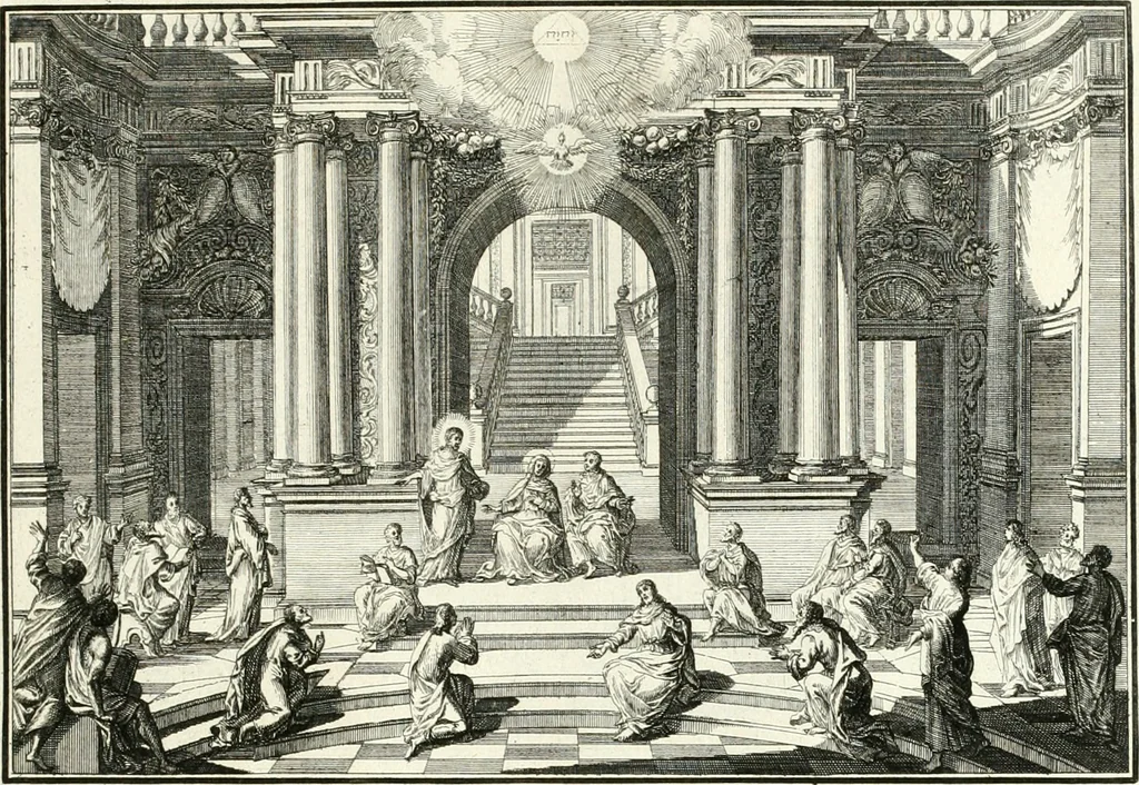 An illustration from Heilige Augen- und Gemüths-Lust : vorstellend, alle sonn- fest- und feyrtägliche nicht nur Evangelien, sondern auch Epistelen und Lectionen, jene historisch : diese auch emblemmatisch, und mit curieusen Einfassungen : in vielen Kupffer-Stücken von frembder und gantz neuer Invention : so wohl zur Kunst-Ubung als Unterhaltung Gottseeliger Betrachtungen, wie auch Vermehrung der Kupffer-Bibelen und Ausszierung aller christlichen Postillen dienlich, 1706, leaf 96