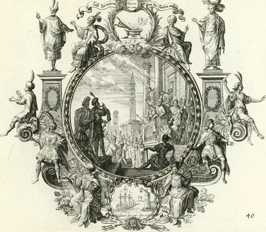 An illustration from Heilige Augen- und Gemüths-Lust : vorstellend, alle sonn- fest- und feyrtägliche nicht nur Evangelien, sondern auch Epistelen und Lectionen, jene historisch : diese auch emblemmatisch, und mit curieusen Einfassungen : in vielen Kupffer-Stücken von frembder und gantz neuer Invention : so wohl zur Kunst-Ubung als Unterhaltung Gottseeliger Betrachtungen, wie auch Vermehrung der Kupffer-Bibelen und Ausszierung aller christlichen Postillen dienlich, 1706, leaf 96
