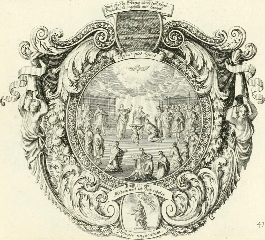 An illustration from Heilige Augen- und Gemüths-Lust : vorstellend, alle sonn- fest- und feyrtägliche nicht nur Evangelien, sondern auch Epistelen und Lectionen, jene historisch : diese auch emblemmatisch, und mit curieusen Einfassungen : in vielen Kupffer-Stücken von frembder und gantz neuer Invention : so wohl zur Kunst-Ubung als Unterhaltung Gottseeliger Betrachtungen, wie auch Vermehrung der Kupffer-Bibelen und Ausszierung aller christlichen Postillen dienlich, 1706, leaf 98