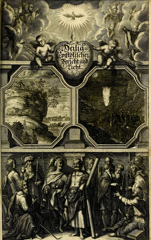 An illustration from Heilig-epistolischer Bericht, Licht, Geleit, und Freud. Das ist : Emblematische Fürstllung der heiligen Sonn- und festtäglichen Episteln; in welcher gründlicher Bericht von den rechten Wort-Verstand ertheilet, dem wahren Christenthum ein helles licht furgetragen, und ein sicheres Geleit mit beigefügten Gebeten und Gesängen zu der himmlischen Freude gezeiget wird, 1663, leaf 10