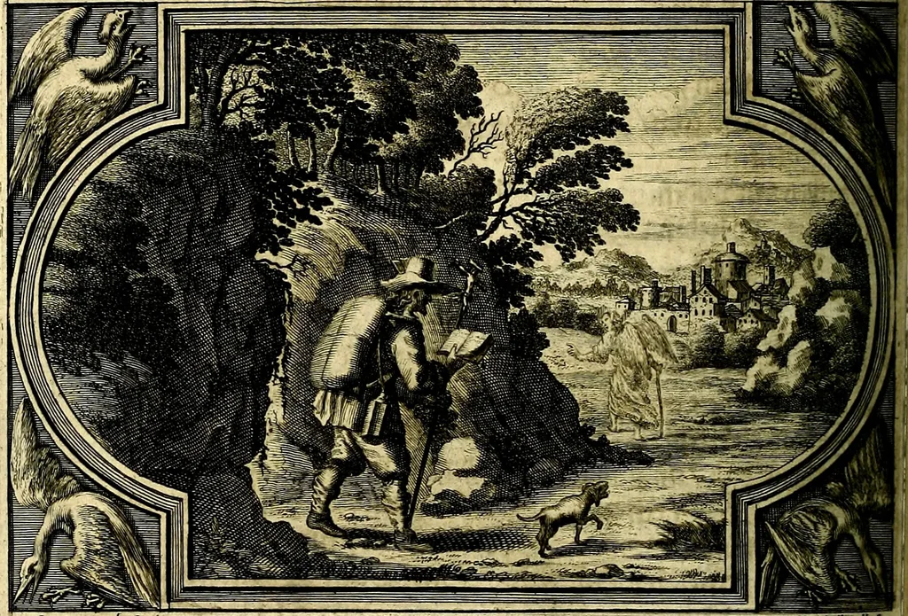 An illustration from Heilig-epistolischer Bericht, Licht, Geleit, und Freud. Das ist : Emblematische Fürstllung der heiligen Sonn- und festtäglichen Episteln; in welcher gründlicher Bericht von den rechten Wort-Verstand ertheilet, dem wahren Christenthum ein helles licht furgetragen, und ein sicheres Geleit mit beigefügten Gebeten und Gesängen zu der himmlischen Freude gezeiget wird, 1663, leaf 1007