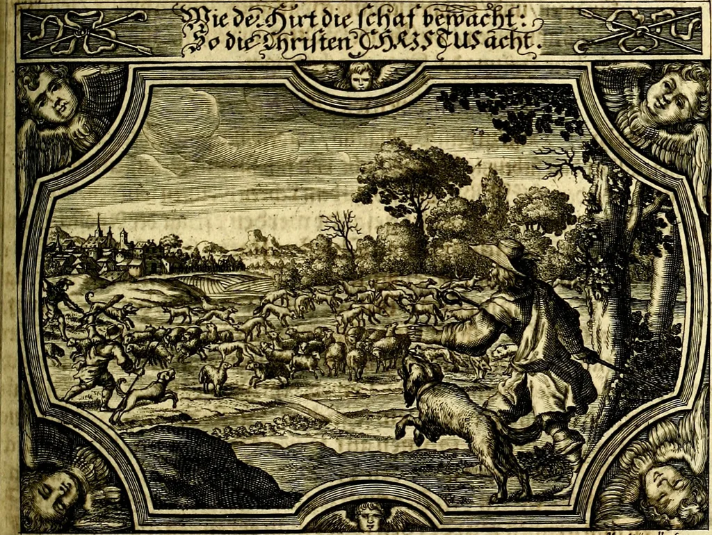 An illustration from Heilig-epistolischer Bericht, Licht, Geleit, und Freud. Das ist : Emblematische Fürstllung der heiligen Sonn- und festtäglichen Episteln; in welcher gründlicher Bericht von den rechten Wort-Verstand ertheilet, dem wahren Christenthum ein helles licht furgetragen, und ein sicheres Geleit mit beigefügten Gebeten und Gesängen zu der himmlischen Freude gezeiget wird, 1663, leaf 1016