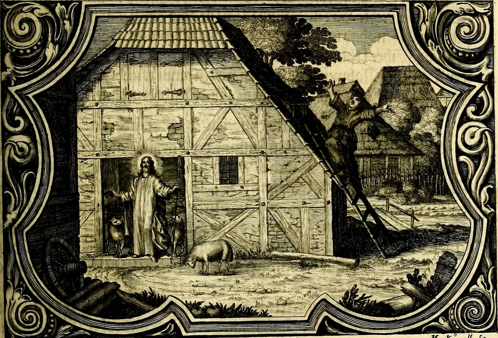 An illustration from Heilig-epistolischer Bericht, Licht, Geleit, und Freud. Das ist : Emblematische Fürstllung der heiligen Sonn- und festtäglichen Episteln; in welcher gründlicher Bericht von den rechten Wort-Verstand ertheilet, dem wahren Christenthum ein helles licht furgetragen, und ein sicheres Geleit mit beigefügten Gebeten und Gesängen zu der himmlischen Freude gezeiget wird, 1663, leaf 1036