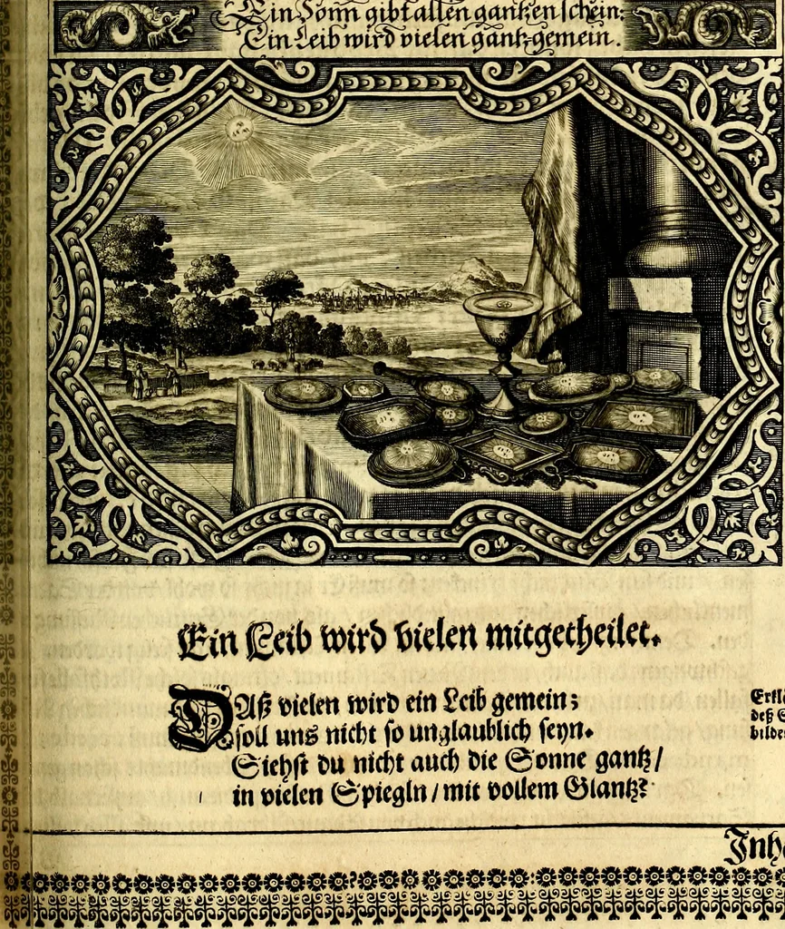 An illustration from Heilig-epistolischer Bericht, Licht, Geleit, und Freud. Das ist : Emblematische Fürstllung der heiligen Sonn- und festtäglichen Episteln; in welcher gründlicher Bericht von den rechten Wort-Verstand ertheilet, dem wahren Christenthum ein helles licht furgetragen, und ein sicheres Geleit mit beigefügten Gebeten und Gesängen zu der himmlischen Freude gezeiget wird, 1663, leaf 1040