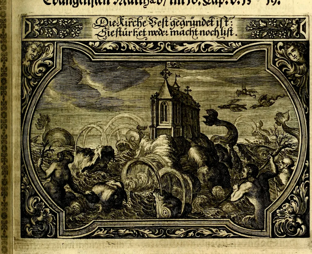 An illustration from Heilig-epistolischer Bericht, Licht, Geleit, und Freud. Das ist : Emblematische Fürstllung der heiligen Sonn- und festtäglichen Episteln; in welcher gründlicher Bericht von den rechten Wort-Verstand ertheilet, dem wahren Christenthum ein helles licht furgetragen, und ein sicheres Geleit mit beigefügten Gebeten und Gesängen zu der himmlischen Freude gezeiget wird, 1663, leaf 1048