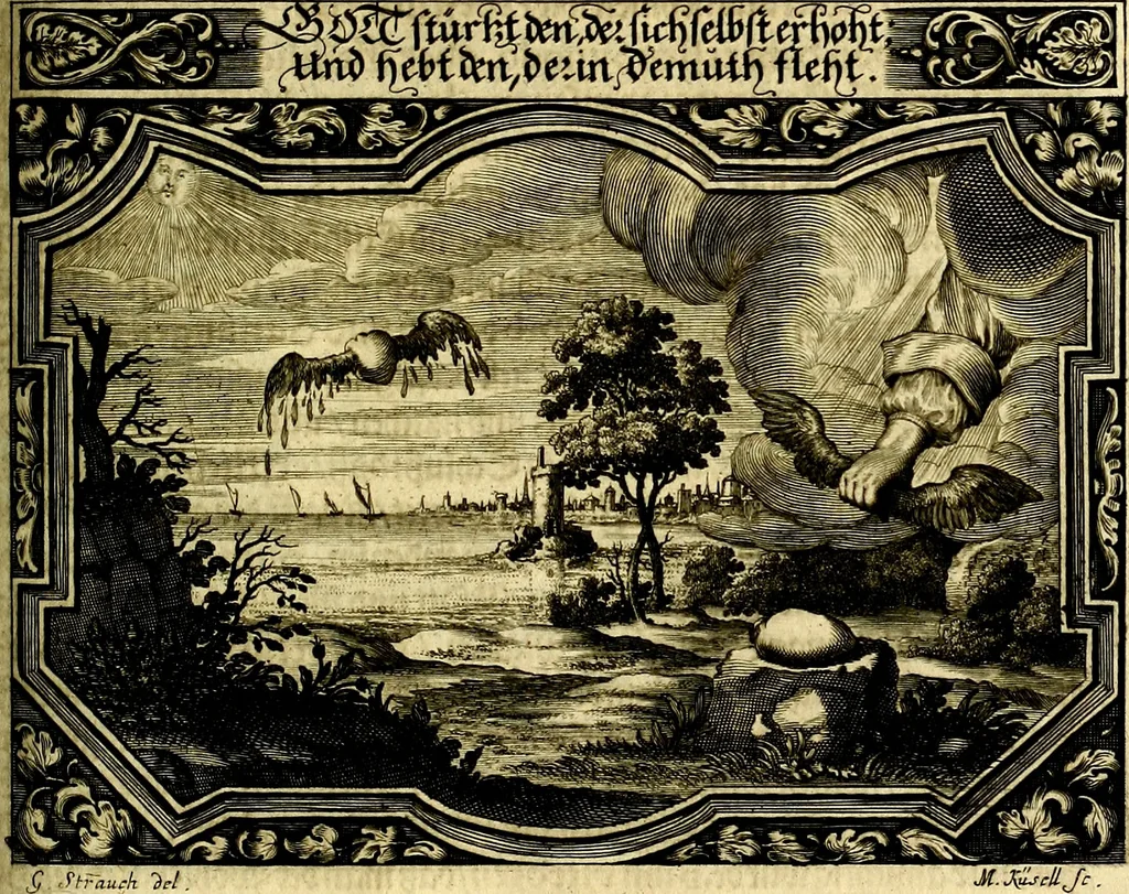 An illustration from Heilig-epistolischer Bericht, Licht, Geleit, und Freud. Das ist : Emblematische Fürstllung der heiligen Sonn- und festtäglichen Episteln; in welcher gründlicher Bericht von den rechten Wort-Verstand ertheilet, dem wahren Christenthum ein helles licht furgetragen, und ein sicheres Geleit mit beigefügten Gebeten und Gesängen zu der himmlischen Freude gezeiget wird, 1663, leaf 1052