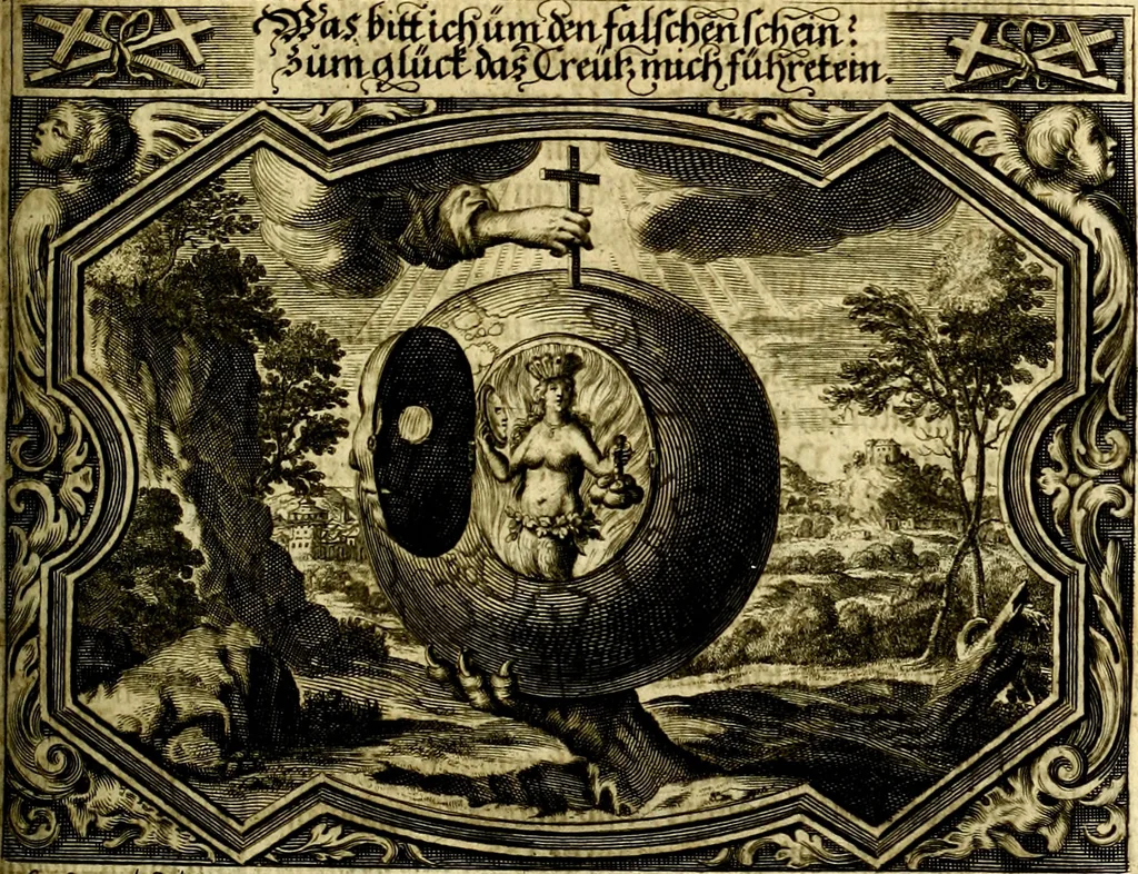 An illustration from Heilig-epistolischer Bericht, Licht, Geleit, und Freud. Das ist : Emblematische Fürstllung der heiligen Sonn- und festtäglichen Episteln; in welcher gründlicher Bericht von den rechten Wort-Verstand ertheilet, dem wahren Christenthum ein helles licht furgetragen, und ein sicheres Geleit mit beigefügten Gebeten und Gesängen zu der himmlischen Freude gezeiget wird, 1663, leaf 1056