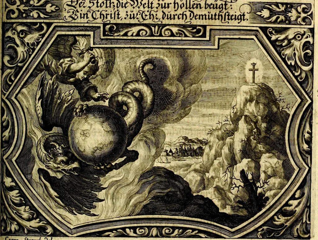 An illustration from Heilig-epistolischer Bericht, Licht, Geleit, und Freud. Das ist : Emblematische Fürstllung der heiligen Sonn- und festtäglichen Episteln; in welcher gründlicher Bericht von den rechten Wort-Verstand ertheilet, dem wahren Christenthum ein helles licht furgetragen, und ein sicheres Geleit mit beigefügten Gebeten und Gesängen zu der himmlischen Freude gezeiget wird, 1663, leaf 1060
