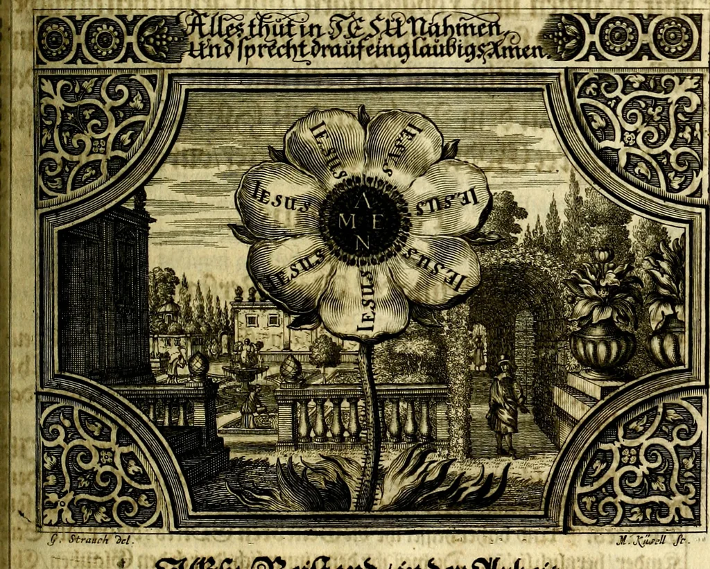 An illustration from Heilig-epistolischer Bericht, Licht, Geleit, und Freud. Das ist : Emblematische Fürstllung der heiligen Sonn- und festtäglichen Episteln; in welcher gründlicher Bericht von den rechten Wort-Verstand ertheilet, dem wahren Christenthum ein helles licht furgetragen, und ein sicheres Geleit mit beigefügten Gebeten und Gesängen zu der himmlischen Freude gezeiget wird, 1663, leaf 112