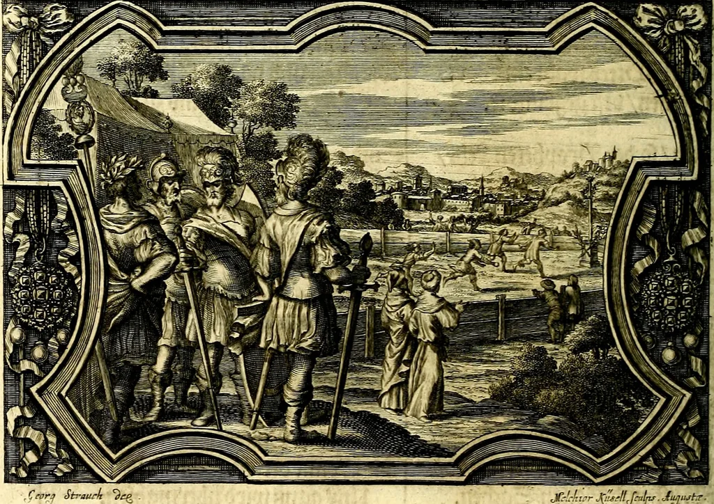 An illustration from Heilig-epistolischer Bericht, Licht, Geleit, und Freud. Das ist : Emblematische Fürstllung der heiligen Sonn- und festtäglichen Episteln; in welcher gründlicher Bericht von den rechten Wort-Verstand ertheilet, dem wahren Christenthum ein helles licht furgetragen, und ein sicheres Geleit mit beigefügten Gebeten und Gesängen zu der himmlischen Freude gezeiget wird, 1663, leaf 127
