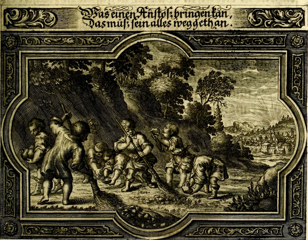 An illustration from Heilig-epistolischer Bericht, Licht, Geleit, und Freud. Das ist : Emblematische Fürstllung der heiligen Sonn- und festtäglichen Episteln; in welcher gründlicher Bericht von den rechten Wort-Verstand ertheilet, dem wahren Christenthum ein helles licht furgetragen, und ein sicheres Geleit mit beigefügten Gebeten und Gesängen zu der himmlischen Freude gezeiget wird, 1663, leaf 152